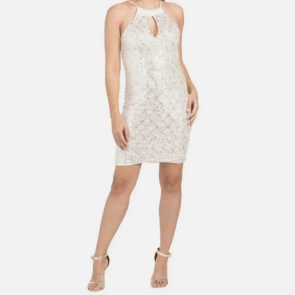 Dalia Macphee | Dresses | Dalia Macphee Gold Silver Sequins Keyhole Halter  Cocktail Dress | Poshmark